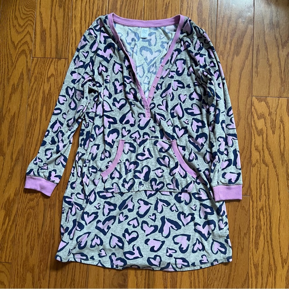 Sleep Chic Heart Print Pajamas Pajama Dress - Pink and Gray Large l